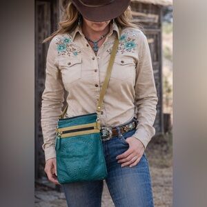 J.L. Saldivar LEADERS IN LEATHER Teal Hand Tooled Leather Embossed Crossbody Bag